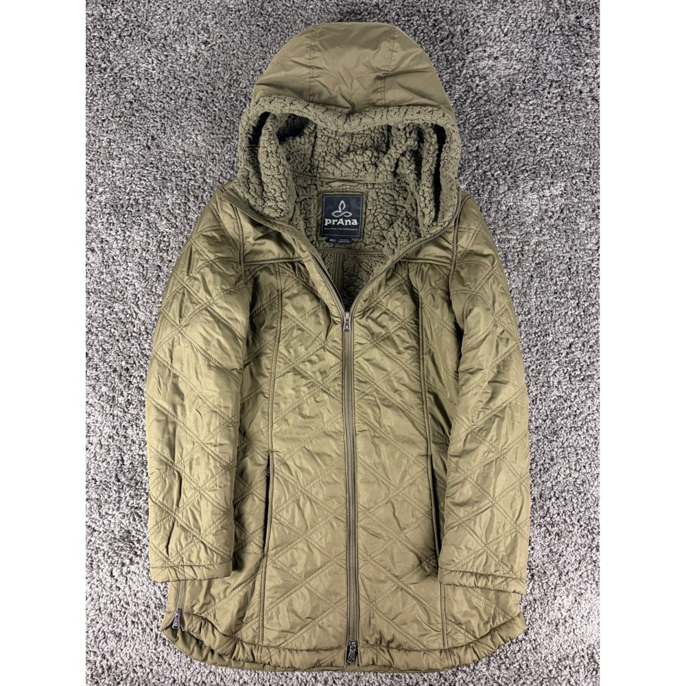 Prana Women Olive Green Quilted Faux Shearling Lined Hooded Parka Jacket Medium